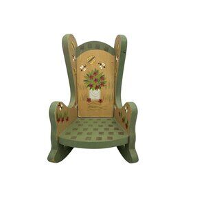 Hand-Painted Green & Beige Wooden Doll Rocking Chair